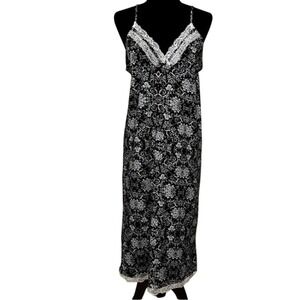 Studio Badgley Mischka‎ Black White Floral Lace Trim Nightgown Sleep Dress Large